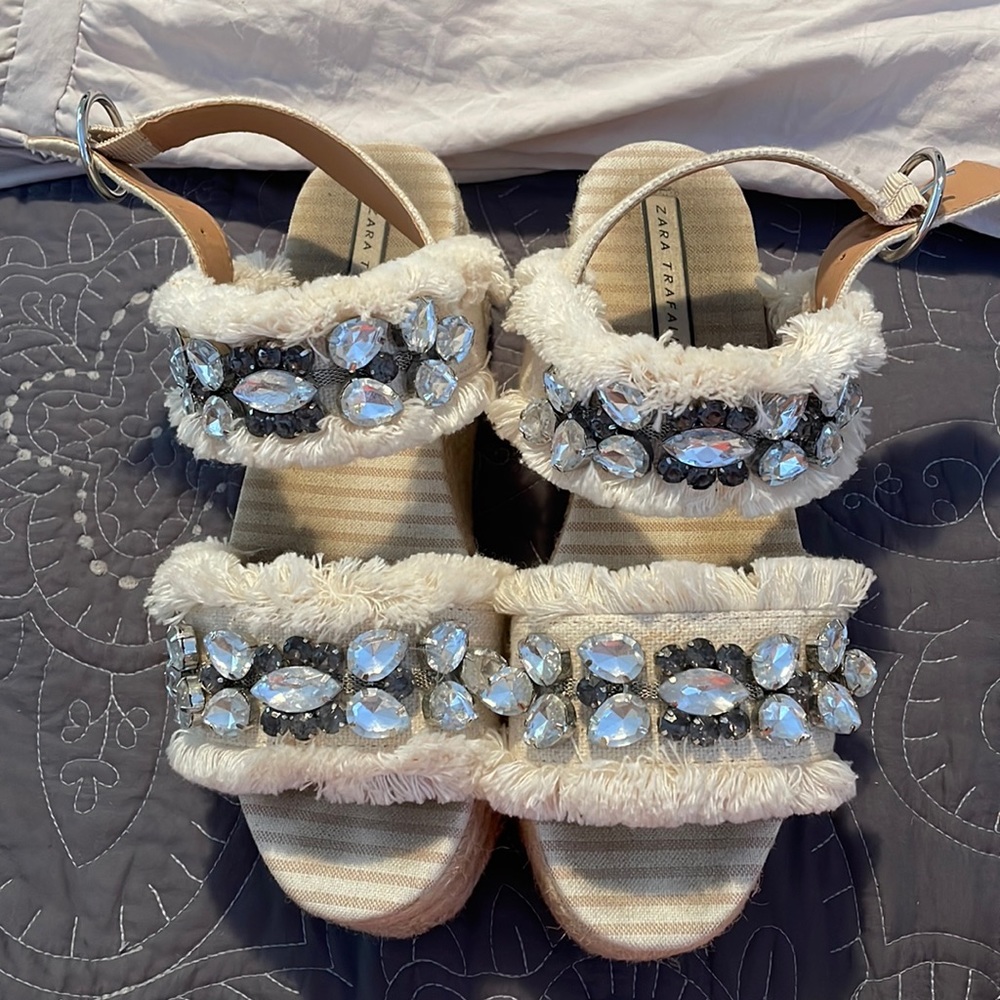 Bling platform wedges with burlap